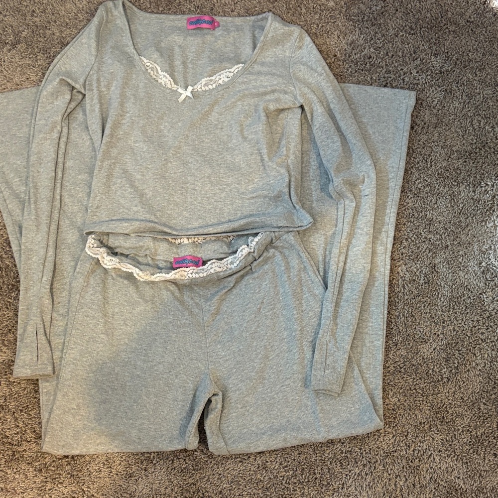 Edikted Gray Lace Trim Pajama Set